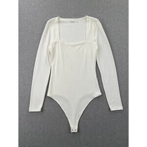 Abercrombie Long Sleeve Bodysuit Top Womens M White Soft Cozy Knit Square Neck